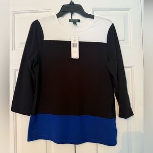NWT Lauren Ralph Lauren Women's Black, White, and Blue Colorblock Blouse. Size L